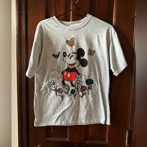 Disney Large Gray Mickey Mouse Embroidered Flowers and Butterflies T-Shirt